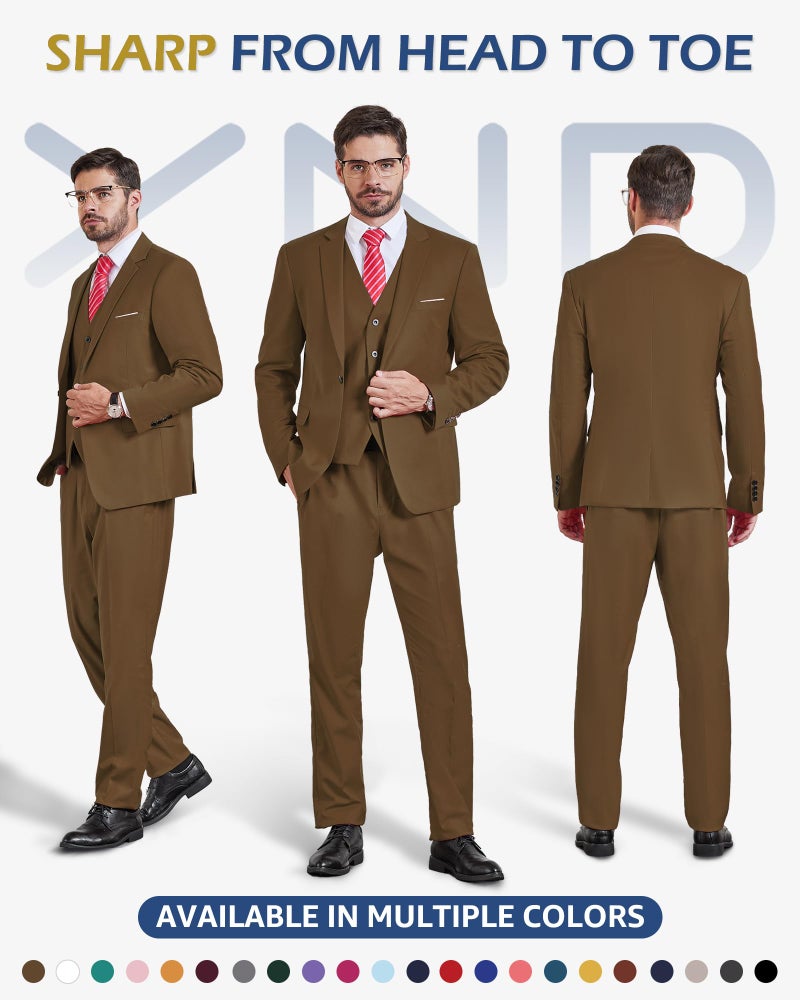 YND Men's Slim Fit 3 Piece Suit, One Button Jacket Vest Pants Set with Tie, Solid Party Wedding Dress Blazer, Tux Waistcoat and Trousers Khaki - Image 2